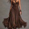Brown Lace-Detail Flowing Midi Dress with slim straps, a lace-detail bodice and a flowing gathered skirt.