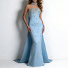 Powder Blue Strapless Crystal-Cascade Diamond-Embellished Sculptural Train Mermaid Evening Gown