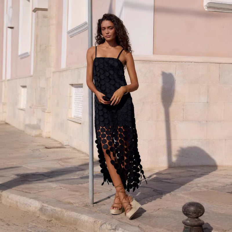 Hollow-Out Polka Dot Midi Slip Dress - black
