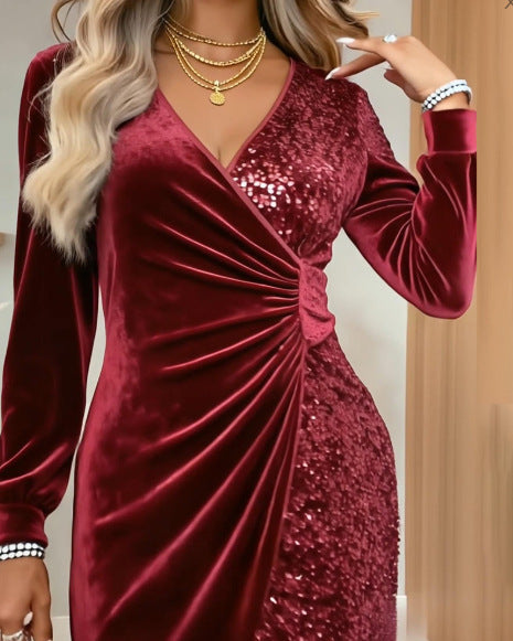 V-neck Sequin Velvet Bodycon Dress