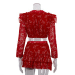 Round Neck Long-sleeved Cropped Top And Printed Mini Skirt Two-piece Set
