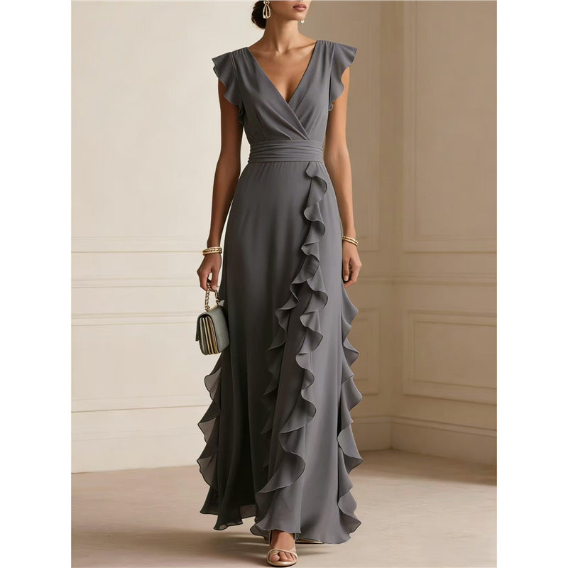 V-Neck Ruffle Maxi Dress - grey