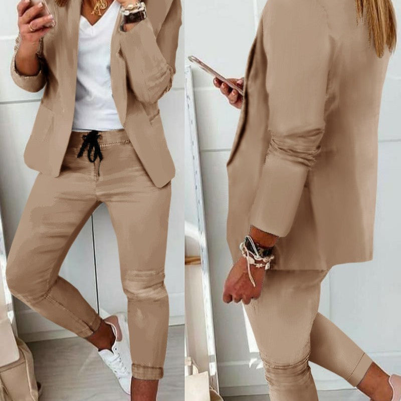 Ladies Fashion OL Office Trousers Suit - beige