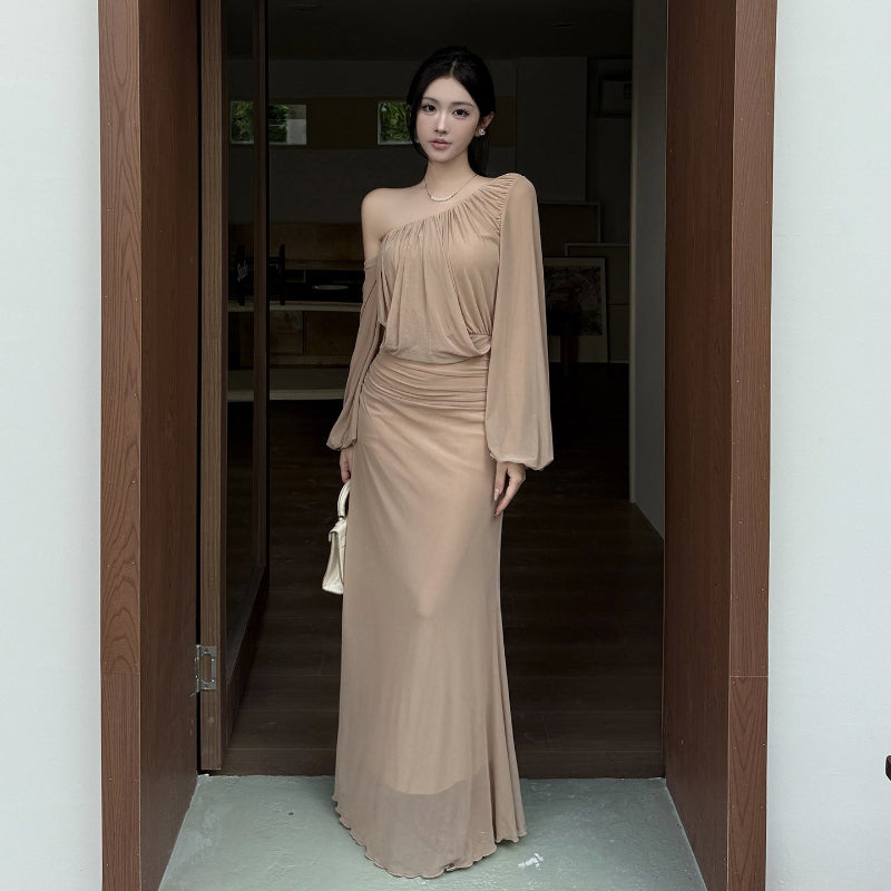 Slant Shoulder Mesh One Shoulder Midi Design Dress