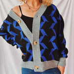 Contrast Trim Geometric V-Neck Long Sleeve Cardigan - runwayfashionista.com