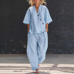 Loose-fit V-neck Top And High-waist Trousers - light blue