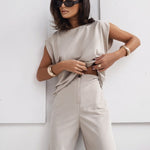 2 Piece Casual Set Short Sleeve T-Shirt Vest Loose Wide Leg Pants - white