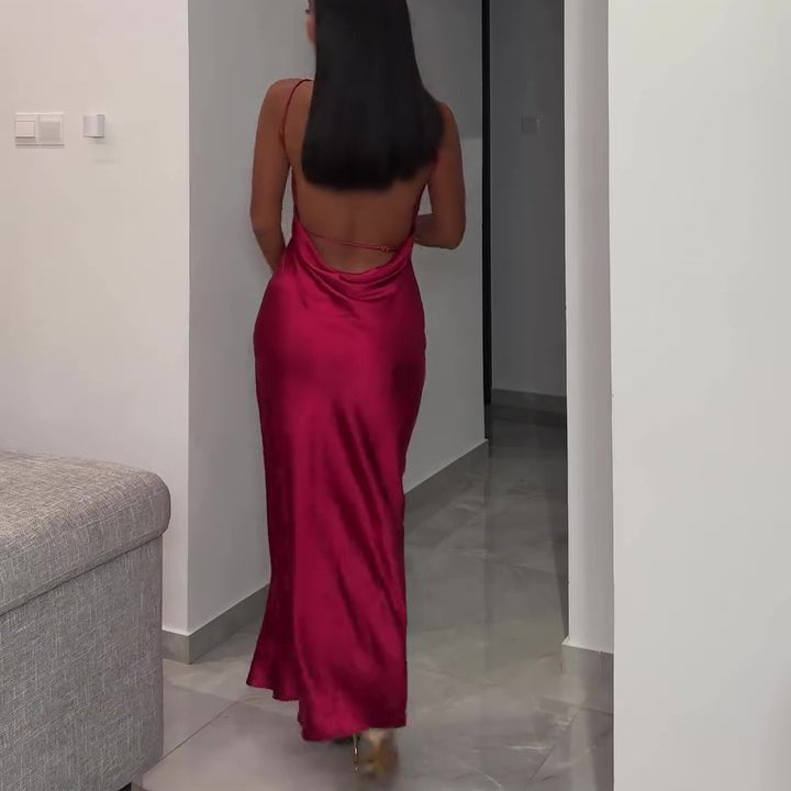 Burgundy Backless Satin Sleeveless Maxi Dress