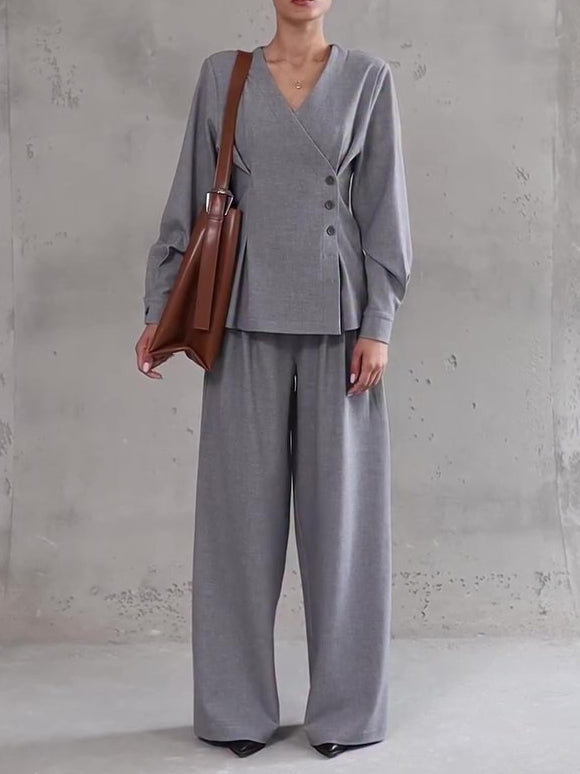 Light Grey V-Neck Asymmetrical Button Top & Wide-Leg Pants Set - grey