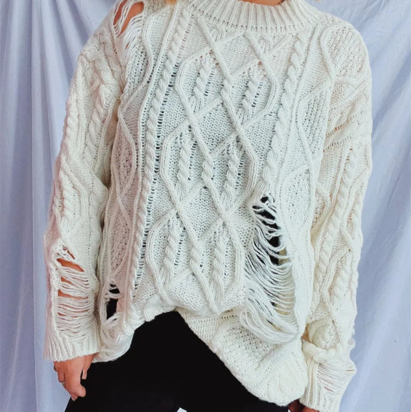 Distressed Cable-Knit Round Neck Long Sleeve Sweater -runwayfashionista.com