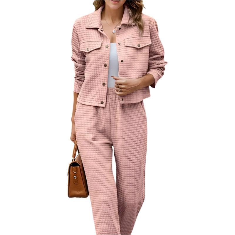 Plaid texture snap down top and pants set - runwayfashionista.com