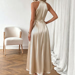 Pearl Halter High Waist Flowy Midi Dress