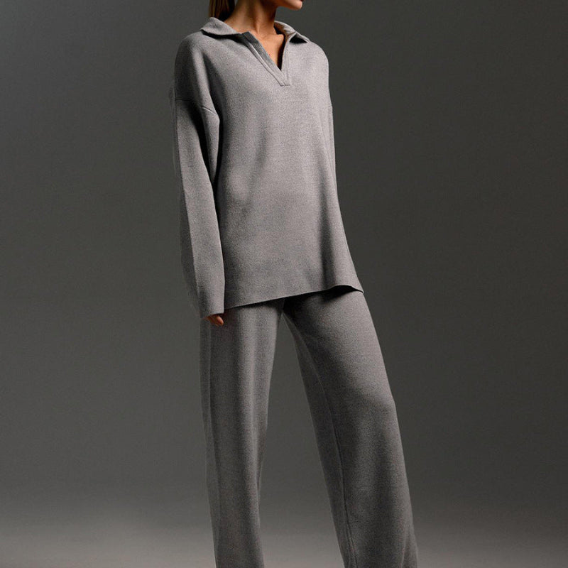 Cozy Chic Knit Pullover & Straight-Leg Pant Set - grey