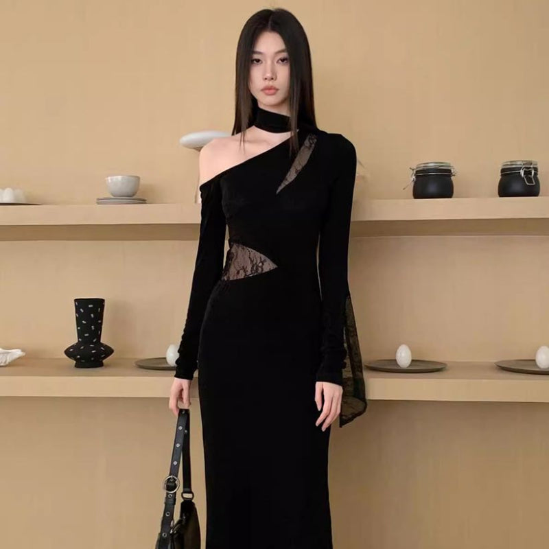Asymmetrical Shoulder Long Sleeve Maxi Dress