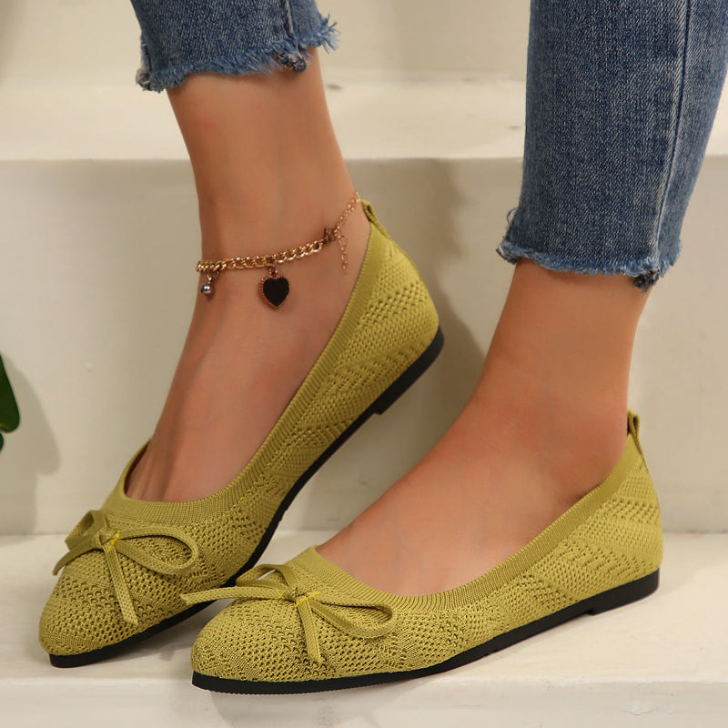 Bow Knitted Pointed-toed Flats Shoes - green