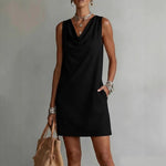 Draped Neck Sleeveless Vacation Mini Dress - black