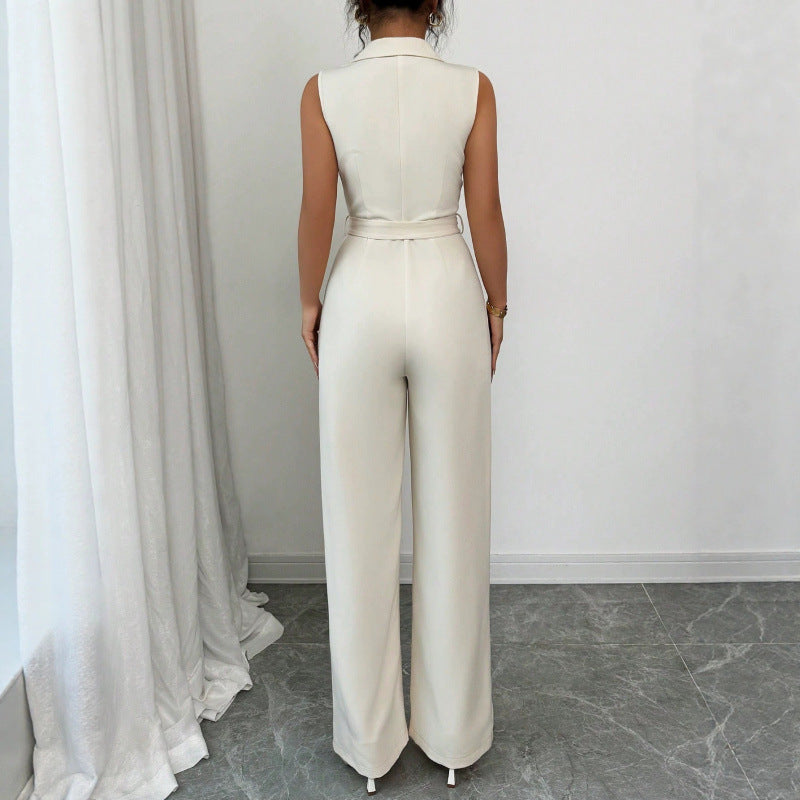 Tailored Notch-Lapel Button-Front Patch-Pocket Belted Wide-Leg Sleeveless Jumpsuit - beige