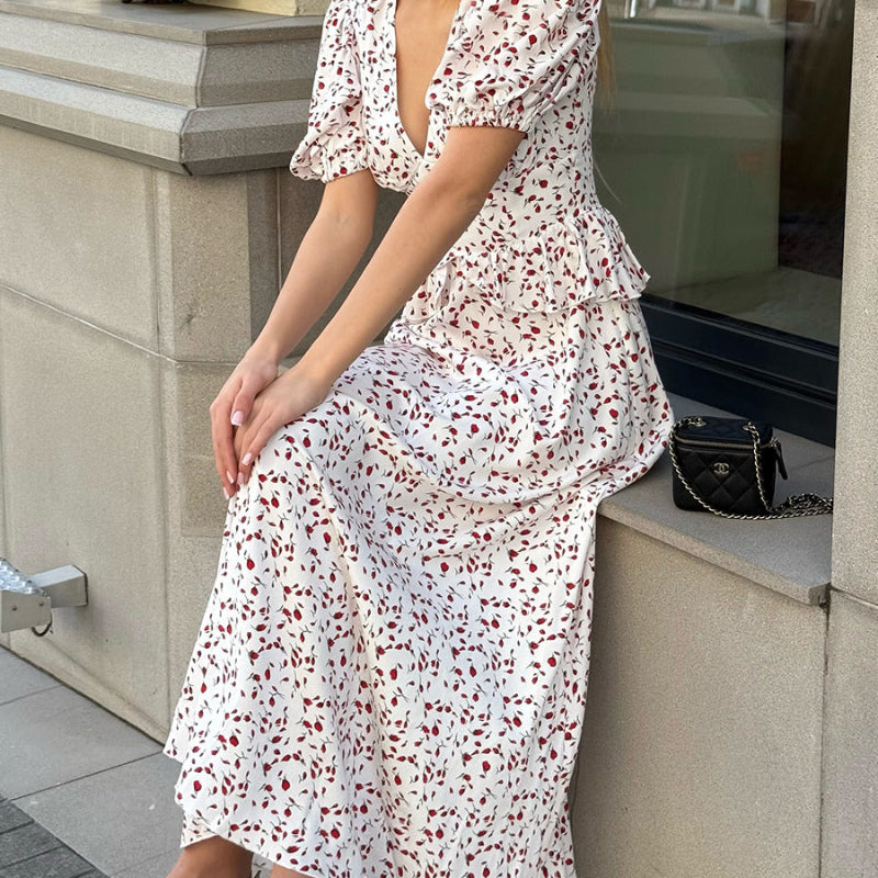 Ditsy Cherry Floral Flutter-Sleeve Ruffle Waist Maxi Dress