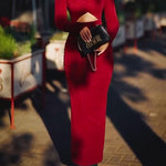 Burgundy Red Cutout Long-sleeved Bodycon Maxi Dress