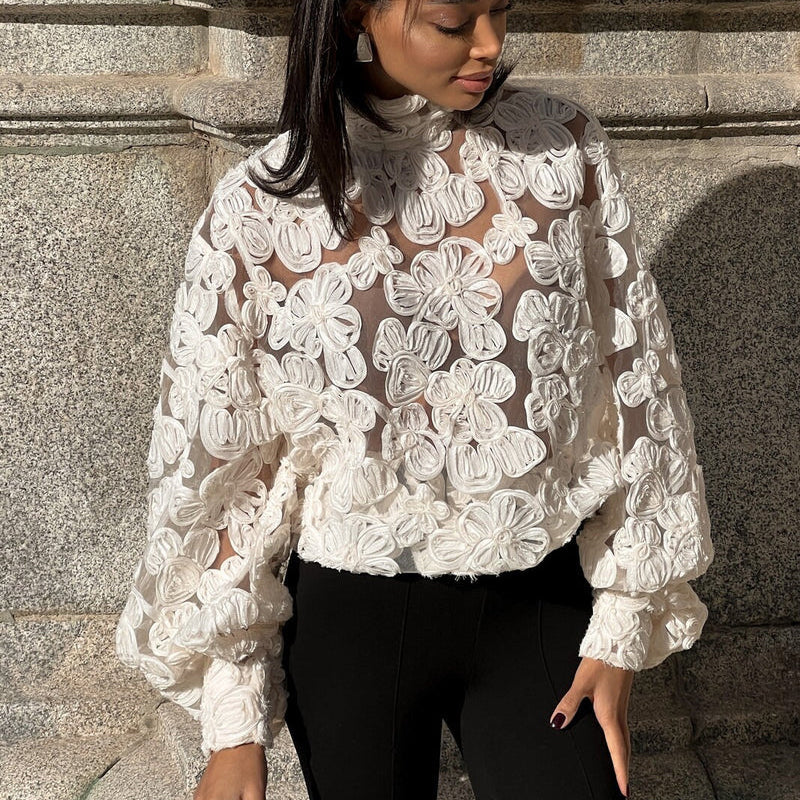 White Floral Pearl Textured Shirt