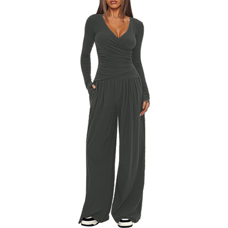 Top And Wide-leg Pants Set - dark grey
