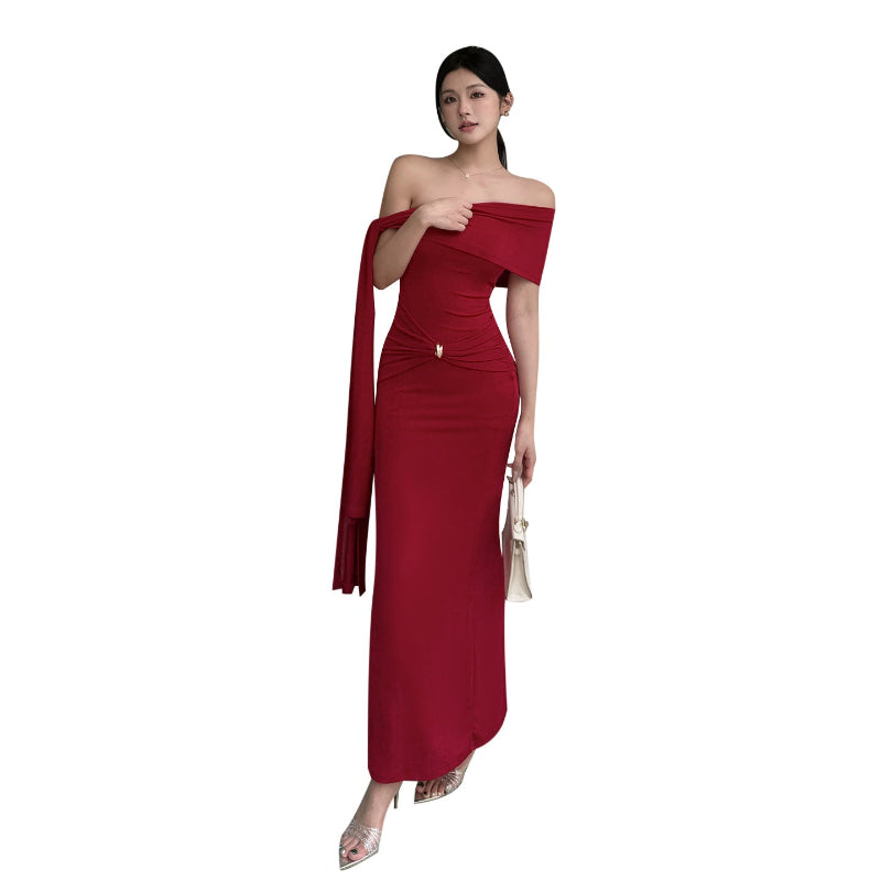 Edgy One-Shoulder Waist Tie Midi Dress