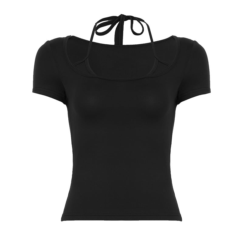 Make a bold statement in this sleek, short-sleeved square neck crop top. Perfect for a confident and stylish look, available in black and military green.