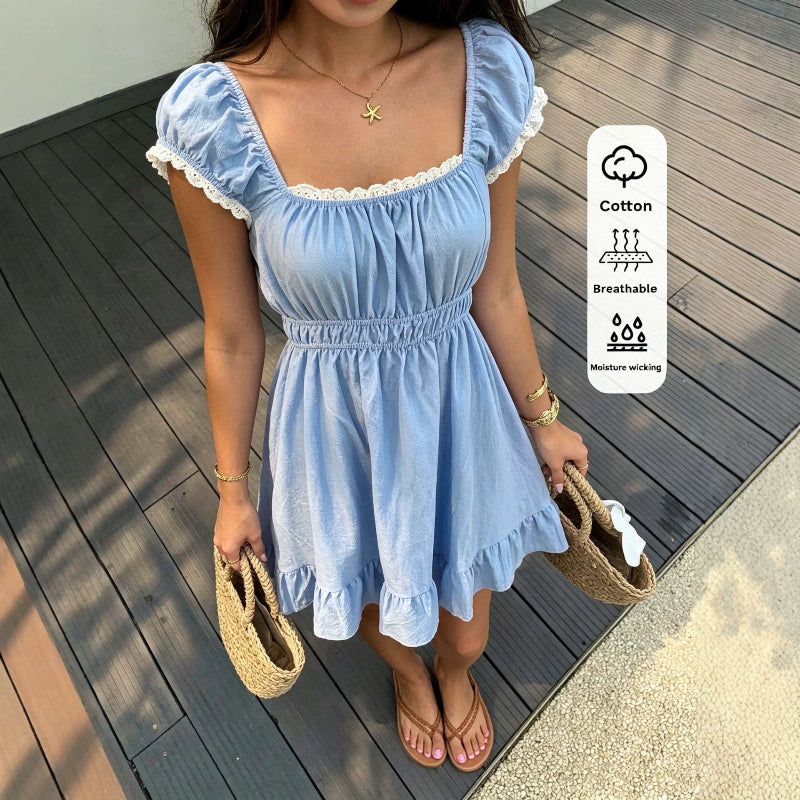 French-Style Square-Neck Puff-Sleeve A-Line Dress - blue