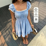French-Style Square-Neck Puff-Sleeve A-Line Dress - blue
