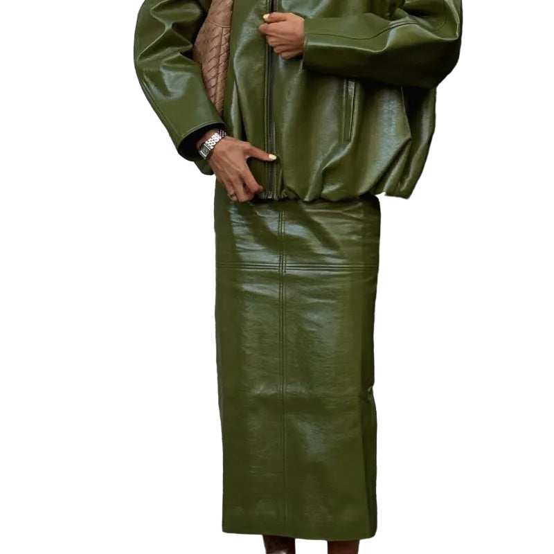 Faux Leather Batwing Zip Jacket & Fitted Midi Skirt Co-Ord - olive green