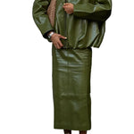 Faux Leather Batwing Zip Jacket & Fitted Midi Skirt Co-Ord - olive green