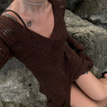 Apricot, Coffee, or Wine Red hollow out horn sleeve woolen cardigan with V-neck, long flared sleeves, high waist, and button-up front. Made of cotton, available in sizes S-L.