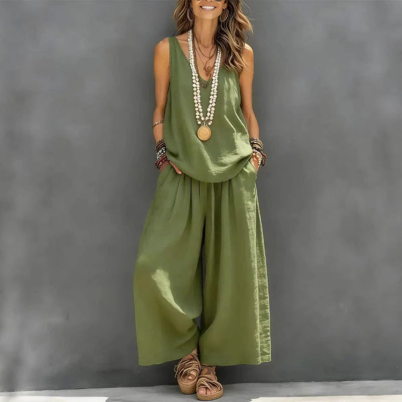 Casual Sleeveless Tank Top And Wide-Leg Pants - green