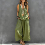 Casual Sleeveless Tank Top And Wide-Leg Pants - green