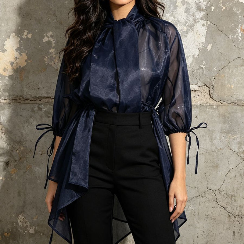 Navy Blue Glossy Organza Self-Tie Bow Neck Balloon-Sleeve Cinched-Waist Asymmetric Blouse