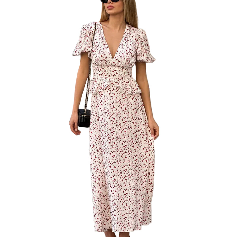 Ditsy Cherry Floral Flutter-Sleeve Ruffle Waist Maxi Dress