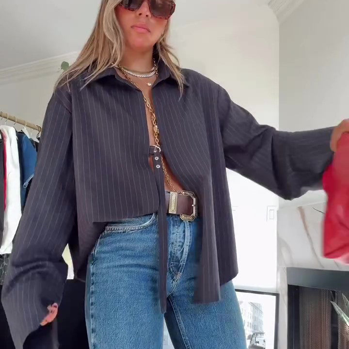 Charcoal Pinstripe Oversized Cropped Blazer-Style Lace-Front Wide-Sleeve Irregular Hem Top