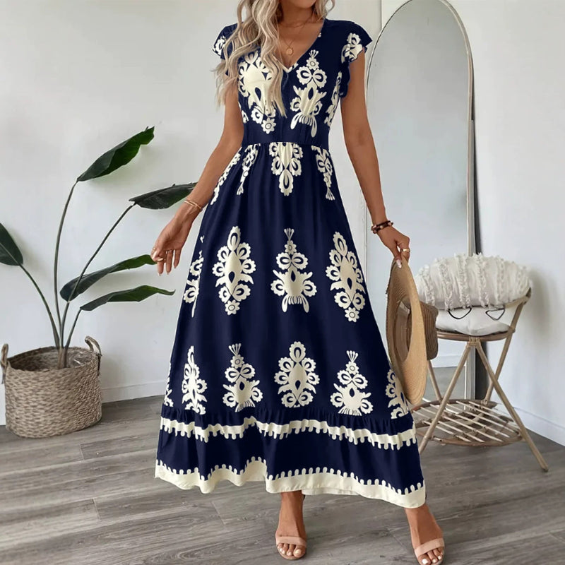 High-waisted, Figure-flattering, Elegant Maxi Dress - navy blue