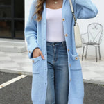 Pocketed Button Up Long Sleeve Hooded Cardigan - runwayfashonista.com