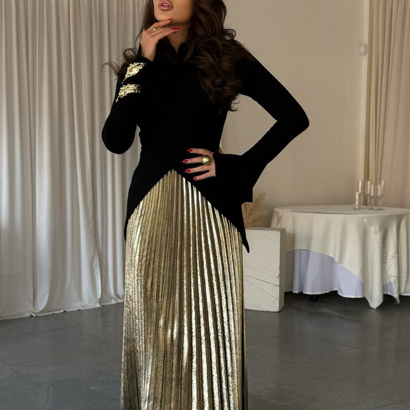 Black Bell Sleeve Irregular Hem Top & Pleated Maxi Skirt Set