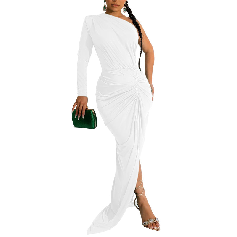 Asymmetrical Neck Single Long Sleeve Maxi Dress with Pleats - white