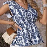 Ruffled Printed V-Neck Cap Sleeve Blouse - runwayfashionista.com