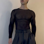 Black Mesh Long-Sleeve Top With Sheer Design