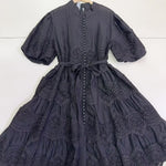 Pearl-Button Broderie Lace Puff-Sleeve Mini Dress - black