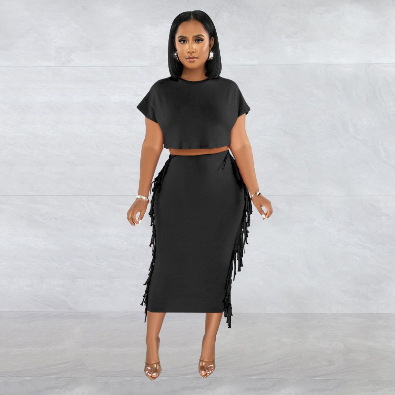 Round Neck Short Sleeve Long Dress Two-Piece Set - Dark Blue
