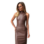 Sleeveless Stand-Up Collar Slit Midi Dress
