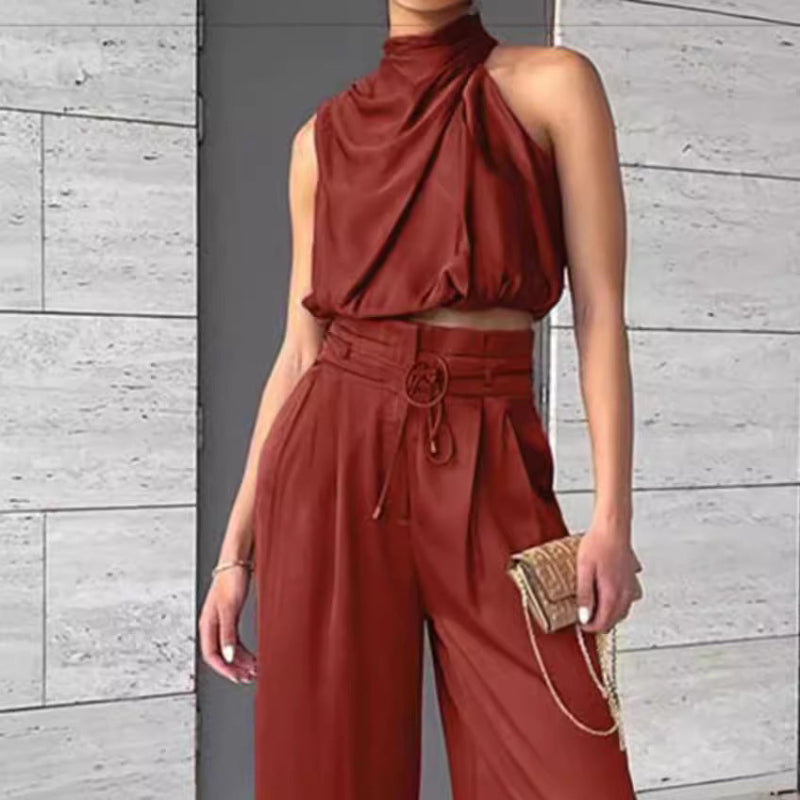 Casual Sleeveless Midriff-baring Top And Wide Leg Pants 2pcs Set - red