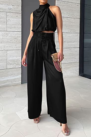 Casual Sleeveless Midriff-baring Top And Wide Leg Pants 2pcs Set - black