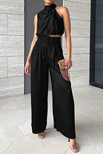 Casual Sleeveless Midriff-baring Top And Wide Leg Pants 2pcs Set - black