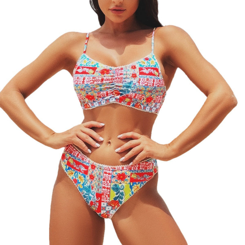 Printed Pleated Lace Two Piece Swimsuit